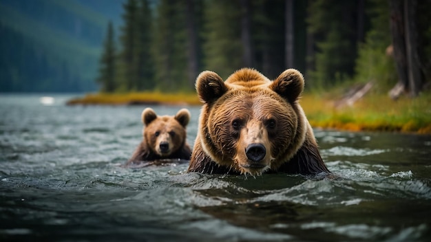 An alaskan brown bear sow and two yearling cubs walking in the Brooks River at Katmai National Park