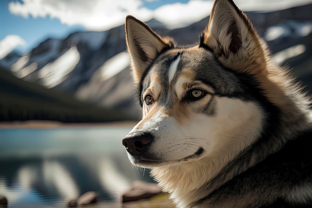 Alaskan Husky dog rocky mountains portrait adorable pet photography Generated by AI