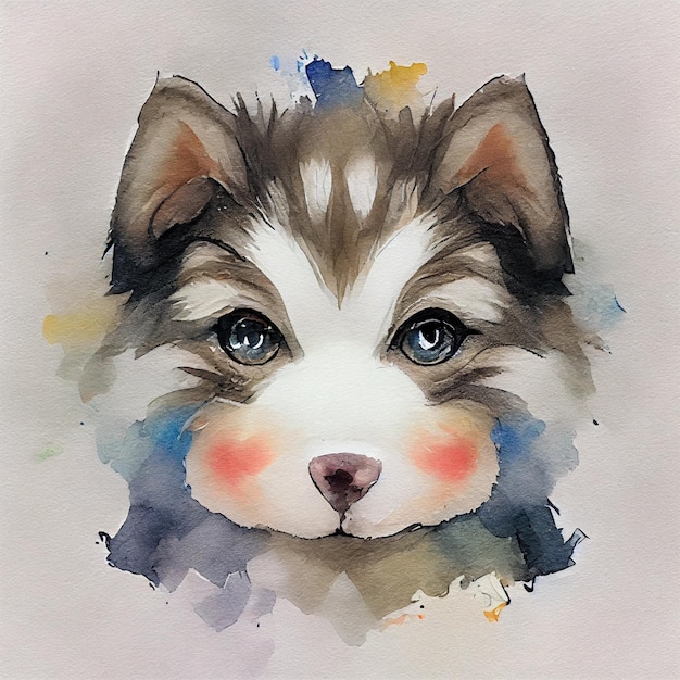 Alaskan Malamute Adorable puppy dog. Watercolor illustration with color spots. All dog breeds