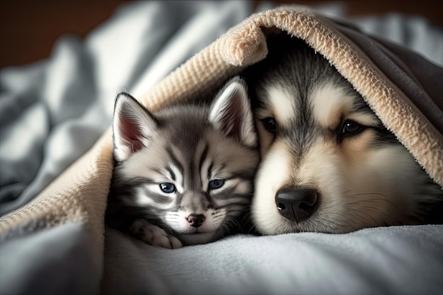 Alaskan malamute puppy hugs gray kitten under warm blanket on a bed at home a blank spot for text