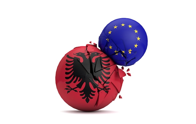 Albania and European Union political balls smash together 3D Render