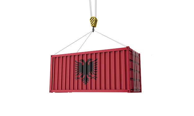 Albania flag cargo trade container hanging from a crane d render