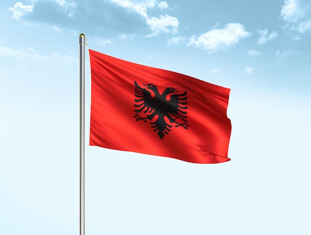 Albania national flag waving in blue sky with clouds Albania flag 3D illustration