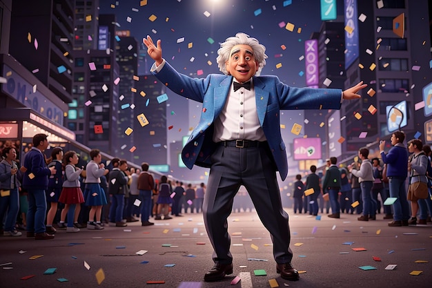 Albert Einstein dancing in the future Confetti everywhere City at night Neon lights Off center Jumping with hands up laughing