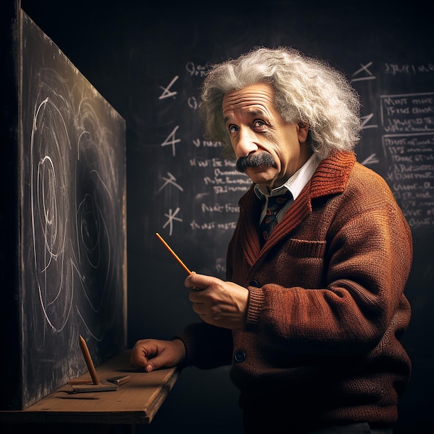 Photo albert einstein from the back writing on a college chalkboard