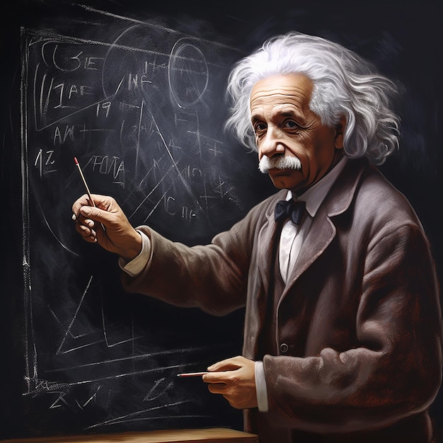 Photo albert einstein from the back writing on a college chalkboard