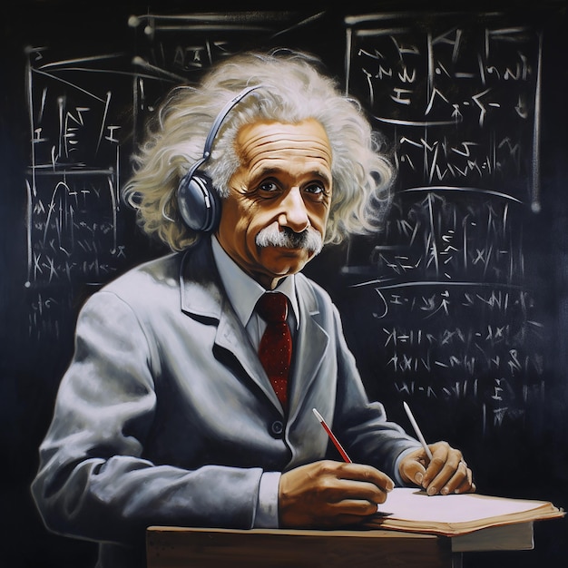 Photo albert einstein from the back writing on a college chalkboard