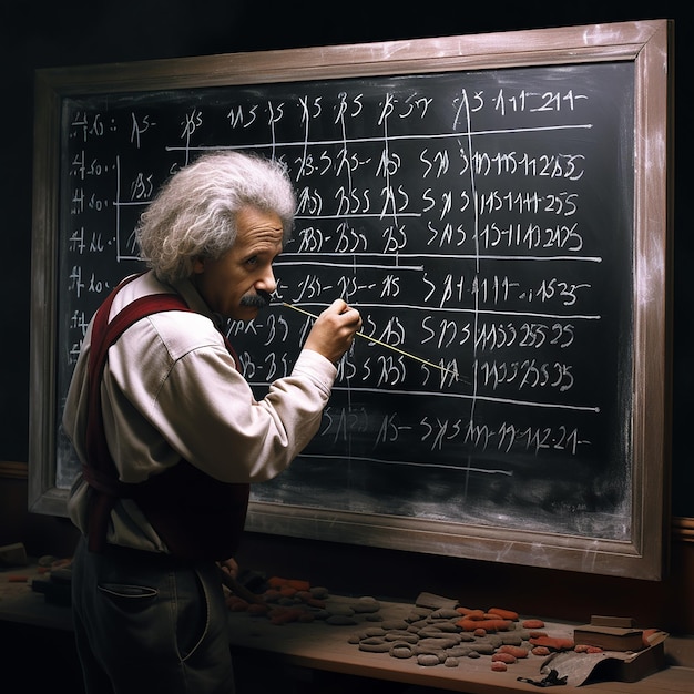 albert Einstein is writing on a blackboard