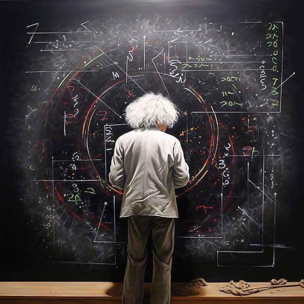 Photo albert einstein is writing on a blackboard