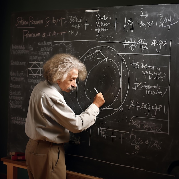 albert Einstein is writing on a blackboard