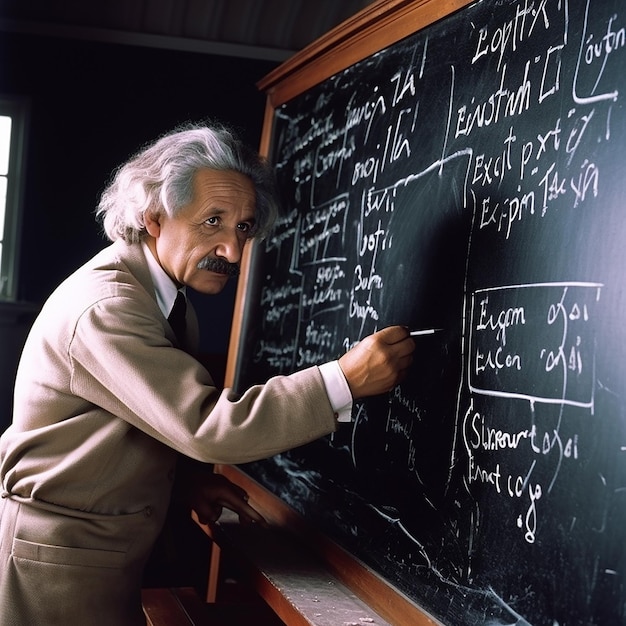 albert Einstein is writing on a blackboard