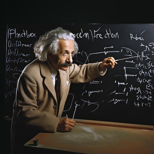 Photo albert einstein is writing on a blackboard