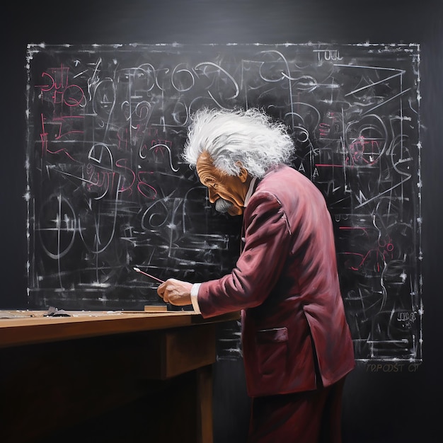 Photo albert einstein is writing on a blackboard