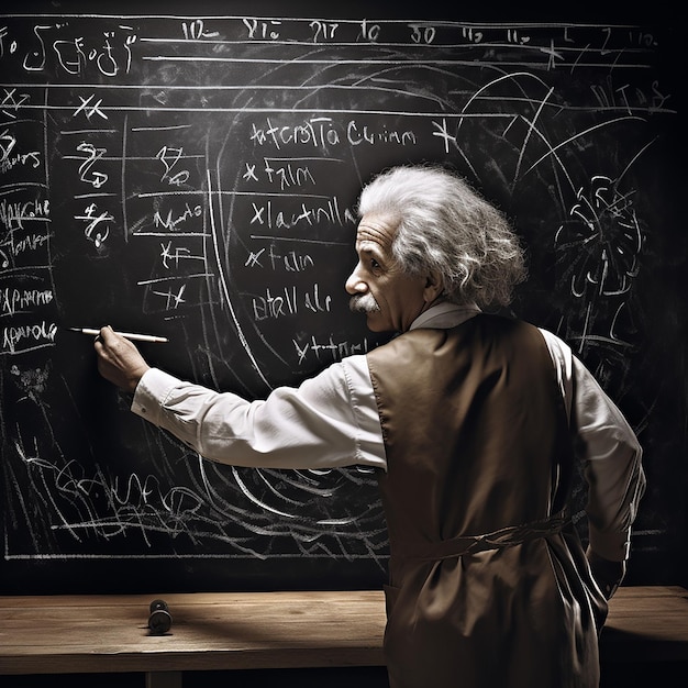 Photo albert einstein is writing on a blackboard