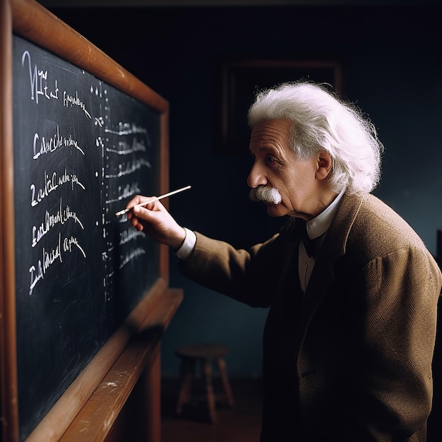 albert Einstein is writing on a blackboard