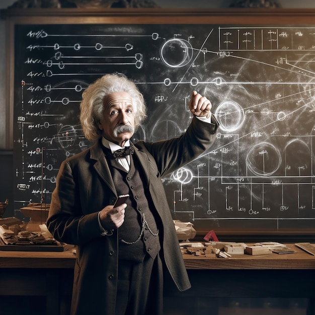 Photo albert einstein stands in front of a blackboard