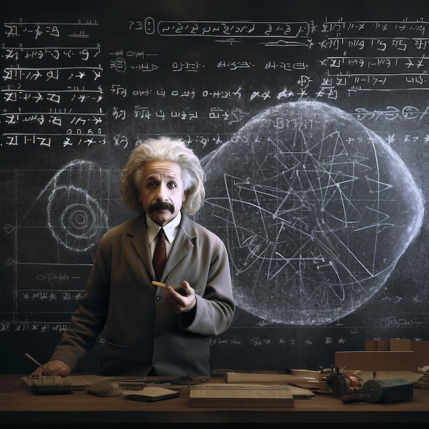 albert Einstein stands in front of a blackboard