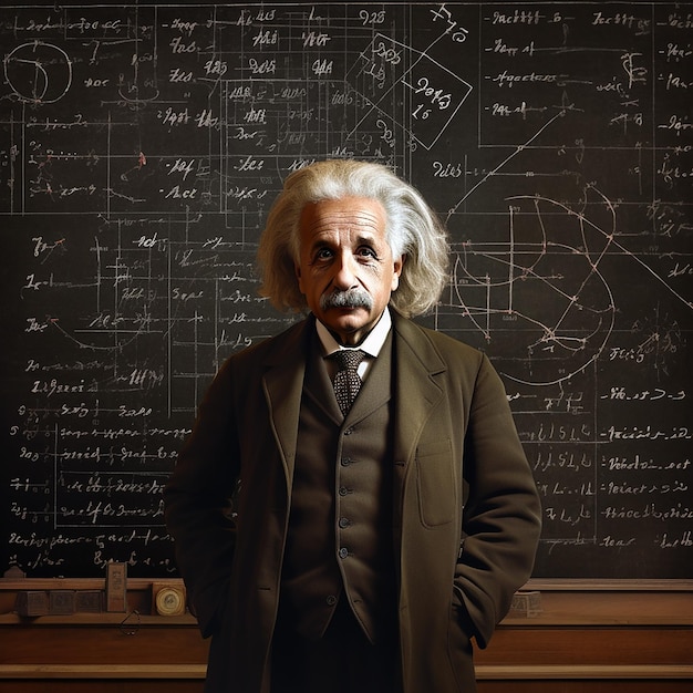 albert Einstein stands in front of a blackboard