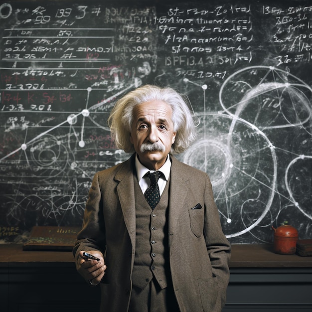 Photo albert einstein stands in front of a blackboard