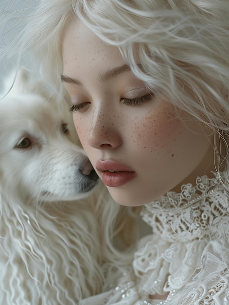 Albino Asian 7 year old girl with freckles white hair kissing white mouthed dog