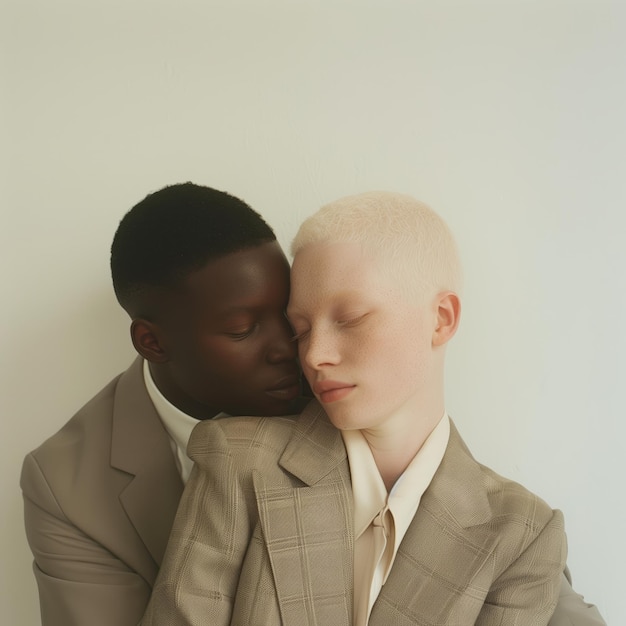 An albino woman with short hair and white skin wearing a suit standing next to her black boyfriend