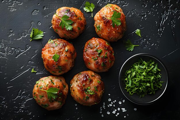 Albndigas on a black background top view Spanish Cuisine Concept Food Photography Spanish Cuisine Top View Shot Meatballs Black Background