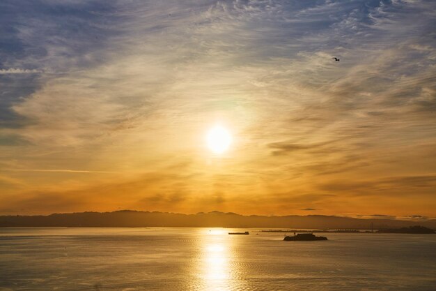 Alcatraz prison island in San Francisco Bay at sunrise