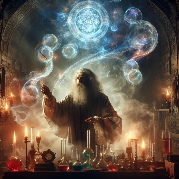 The alchemical alchemist concocts potions in a hidden laboratory amidst swirling mists of arcane ene