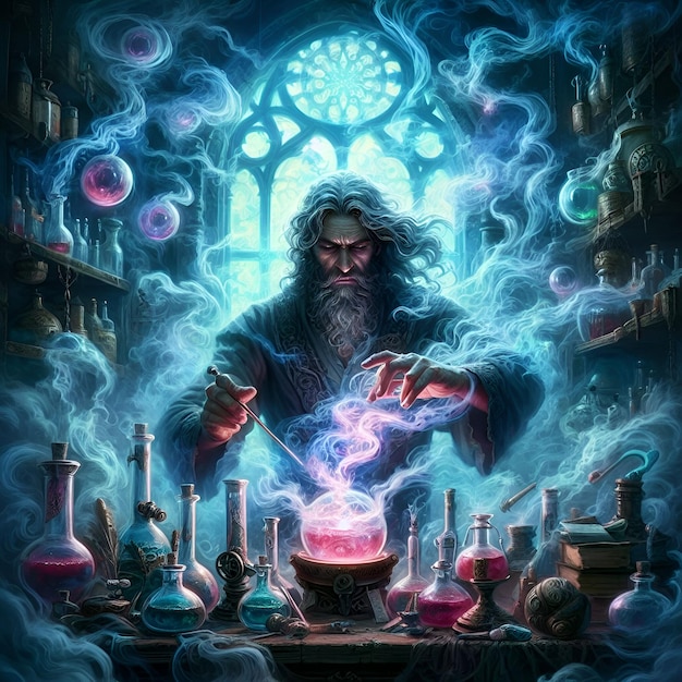 The alchemical alchemist concocts potions in a hidden laboratory amidst swirling mists of arcane ene