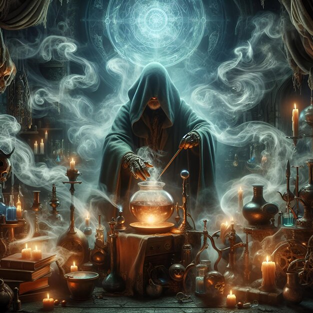 The alchemical alchemist concocts potions in a hidden laboratory amidst swirling mists of arcane ene