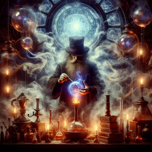 The alchemical alchemist concocts potions in a hidden laboratory amidst swirling mists of arcane ene