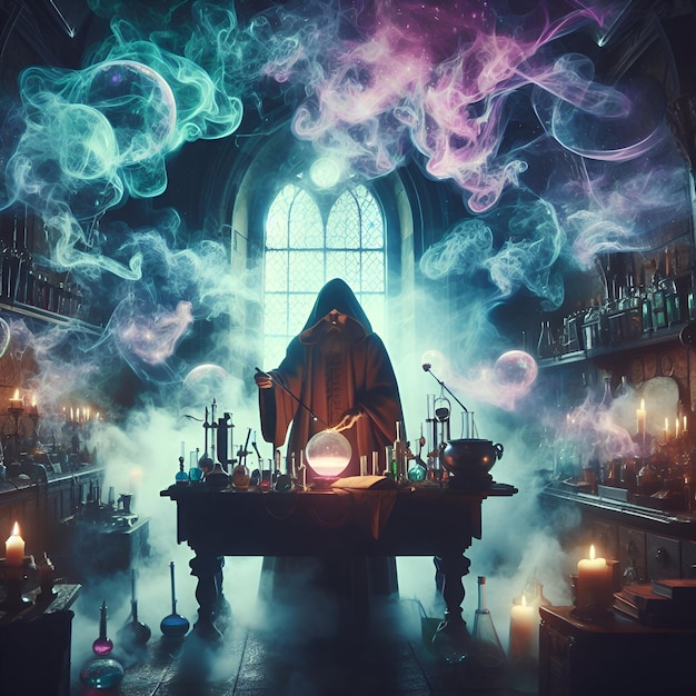 The alchemical alchemist concocts potions in a hidden laboratory amidst swirling mists of arcane ene