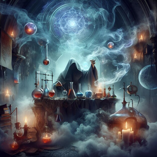 The alchemical alchemist concocts potions in a hidden laboratory amidst swirling mists of arcane ene