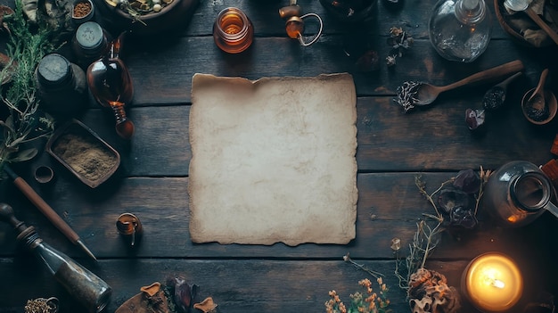 Alchemical Mystery Flat Lay of Tools and Ingredients 1