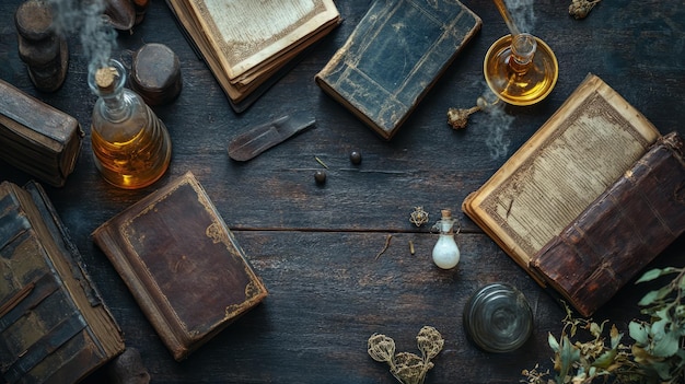 Alchemical Secrets Unveiled A Flat Lay of Ancient Tools and Mystical Potions