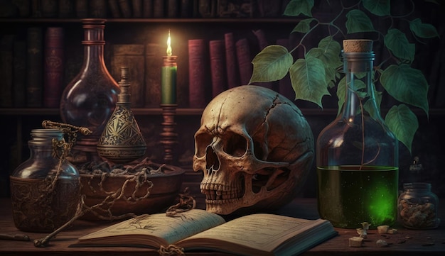 The alchemist room contains old books a skull and a potion bottle Generative AI