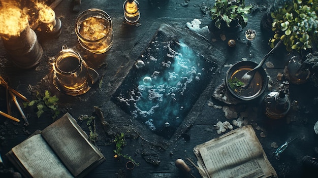 Photo alchemists workshop a flat lay of mystical potions scrolls and ingredients