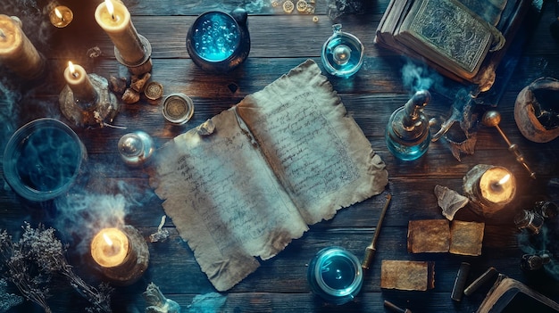 Alchemists Workshop Mystical Potions Scrolls Ingredients in Flat Lay