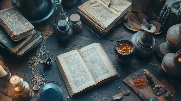 Alchemy in Action Ancient Tools Bubbling Potions and Dusty Books