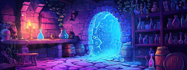 Alchemy room in a medieval castle Night lighting