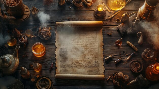 Alchemys Secrets A Flat Lay of Potions Scrolls and Mysterious Ingredients