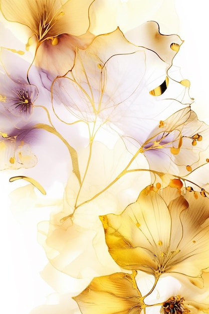 Alcohol ink art with light golden botanical leaf and floral for invitation paper generative AI