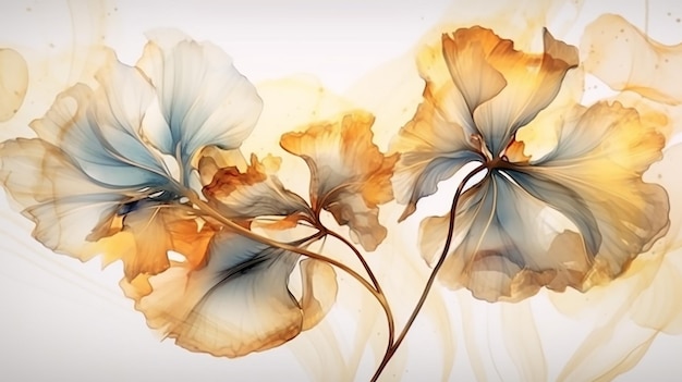 Alcohol ink art with light golden botanical leaf and floral for invitation paper Generative AI