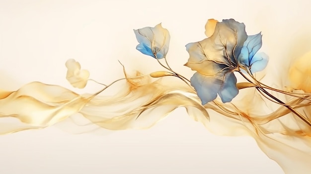 Alcohol ink art with light golden botanical leaf Generative AI