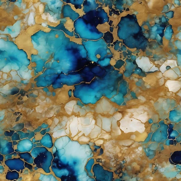 Alcohol ink blue abstract background ocean style watercolor texture blue and gold paint stains