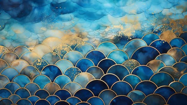 alcohol ink texture gold and blue background fish scales background generated AI