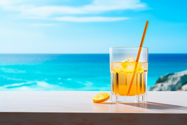 Alcoholic cocktail on the background of a beautiful beach and free space for text AI Generated