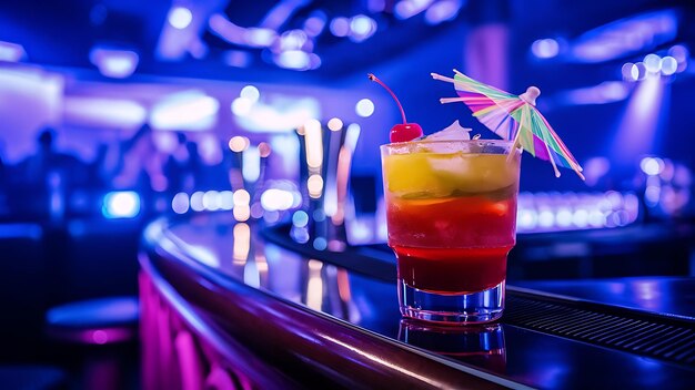 Alcoholic cocktail drink on the bar in night club with blurred background