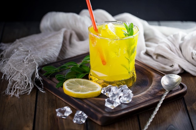 Alcoholic cocktail with fruit and ice