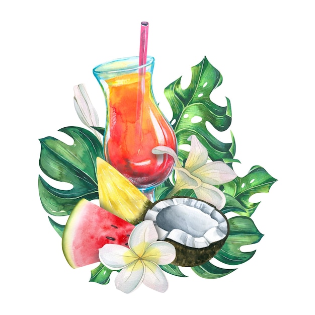 Alcoholic cocktail with fruits tropical leaves and flowers